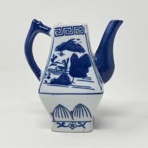 Vintage White and Blue Chinoiserie Ceramic Teapot